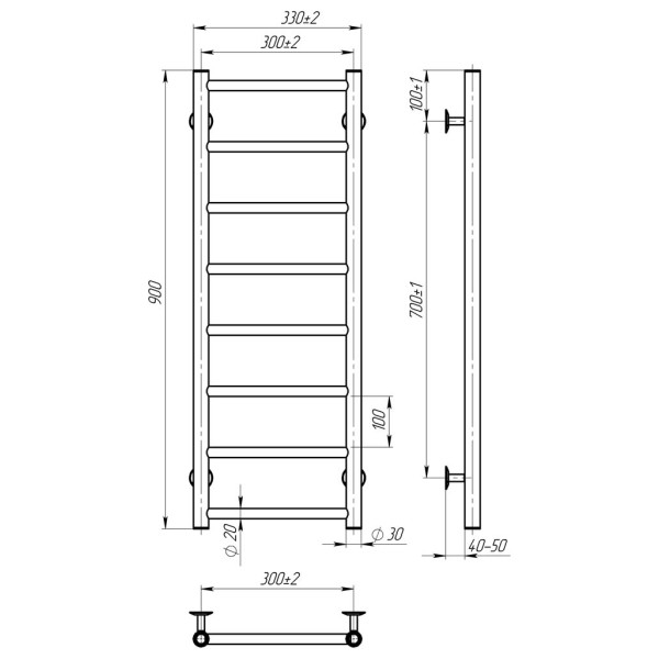 Купити рушникосушку водяну HEATPRO Dike P8 900x300 (Чорний, Нижнє підключення)
