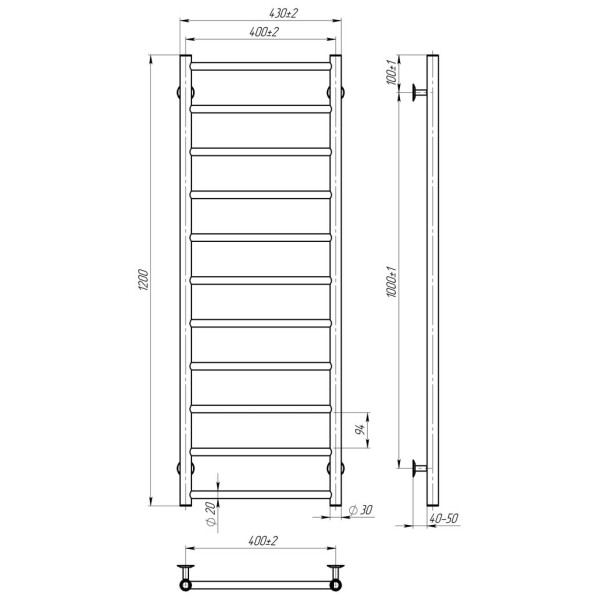 Купити рушникосушку водяну HEATPRO Dike P11 1200x400 (Білий, Нижнє підключення)