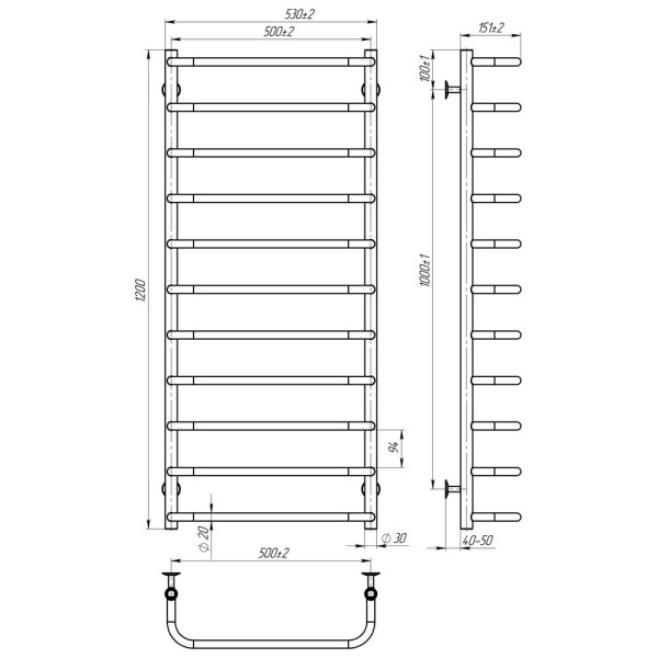 Купити рушникосушку водяну HEATPRO Hera P11 1200x500 (Полірований, Нижнє підключення)