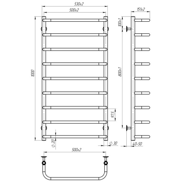Купити рушникосушку водяну HEATPRO Hera P9 1000x500 (Чорний, Нижнє підключення)