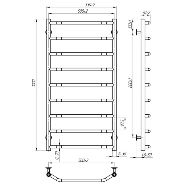 Купити рушникосушку водяну HEATPRO Boristena P9 1000x500 (Чорний, Нижнє підключення)