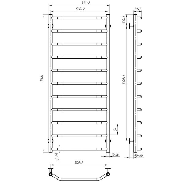 Купити рушникосушку електричну HEATPRO Boristena P11 1200x500 (Білий, Правостороннє підкл.)