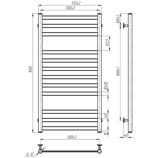 Купити рушникосушку електричну HEATPRO Leona P12 1000x500 вуглецева сталь (Чорний, Лівостороннє підкл.)