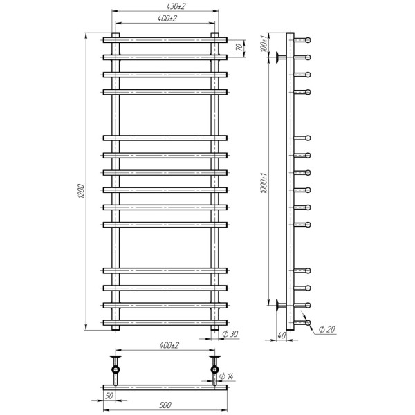 Купити рушникосушку електричну HEATPRO Vesta P14 1200x400 (Полірований, Лівостороннє підкл.)