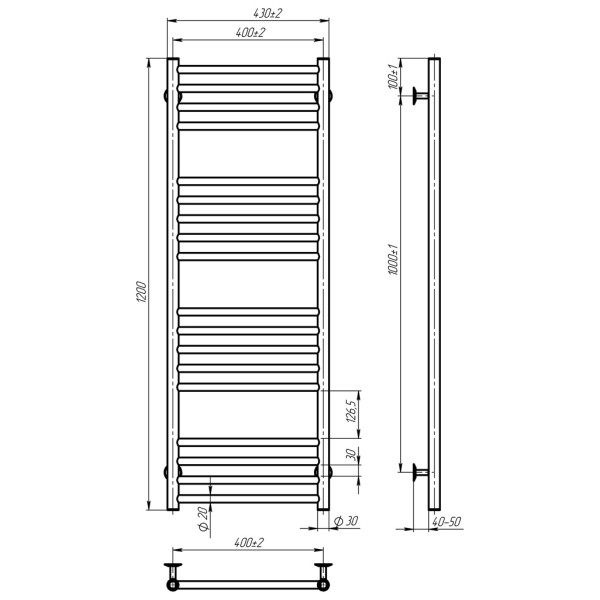 Купити рушникосушку електричну HEATPRO Mira P18 1200x400 (Чорний, Правостороннє підкл.)